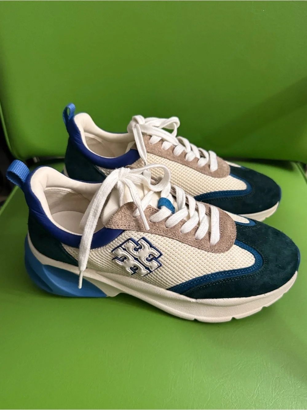 Tory Burch Mixed-Material Sneakers in Blue, Cream & Tan